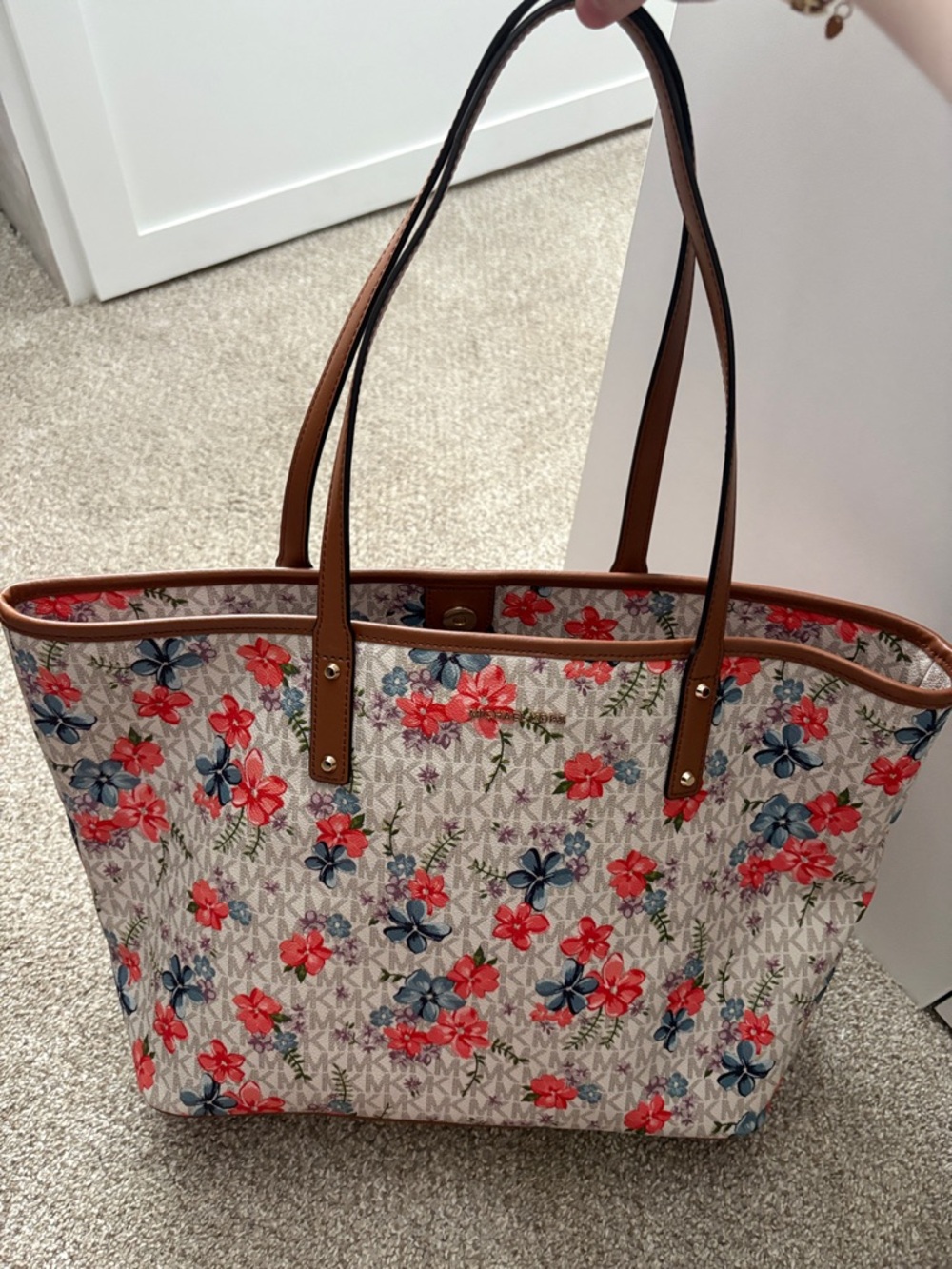 Michael Kors Floral MK Signature Tote in Coral, Blue & Brown